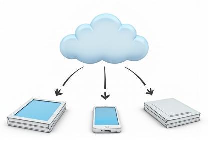 Ilustração representando dispositivos de e-book e armazenamento em nuvem.