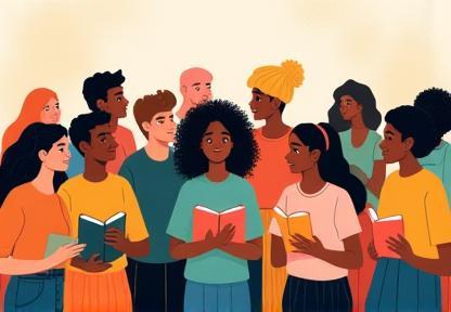 Ilustração representando um grupo diverso de pessoas lendo juntas.