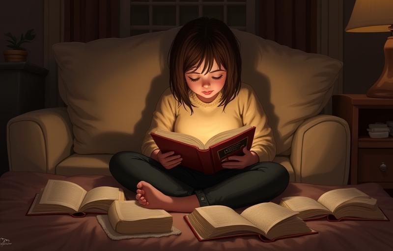Ilustração ou foto de alguém lendo confortavelmente, cercado por livros.